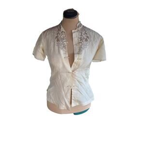 Silk Shirt - Sz S/M - Classic, Preppy, Ivory, Lace, Chinese Frog Clasp, Office